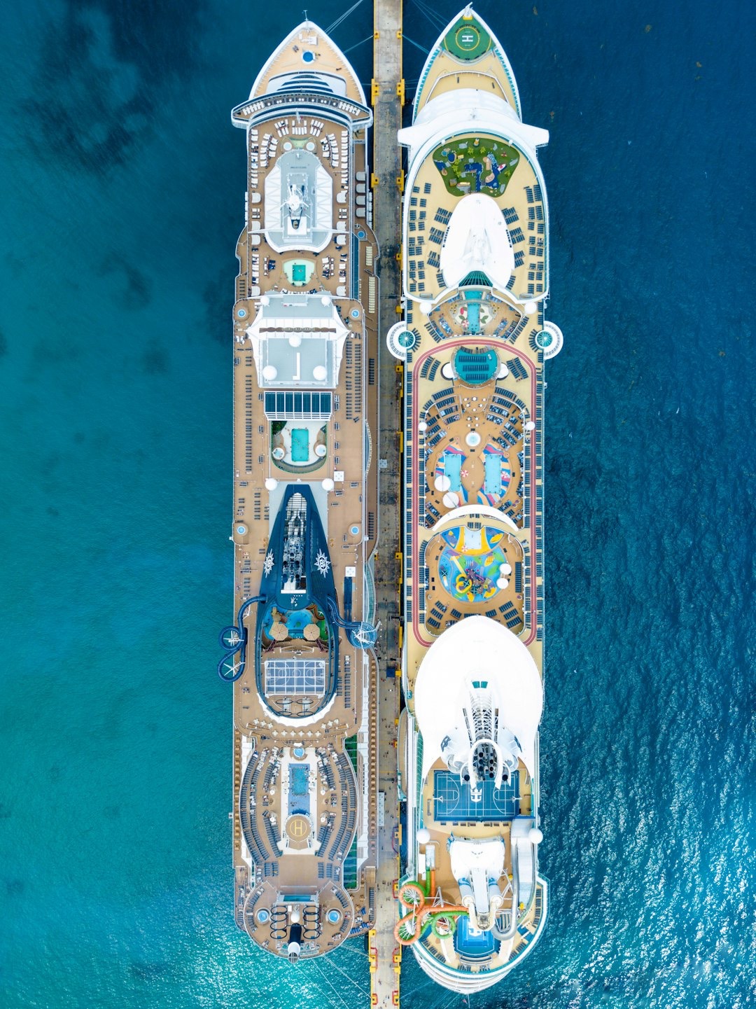 Top view of two cruise ships docked